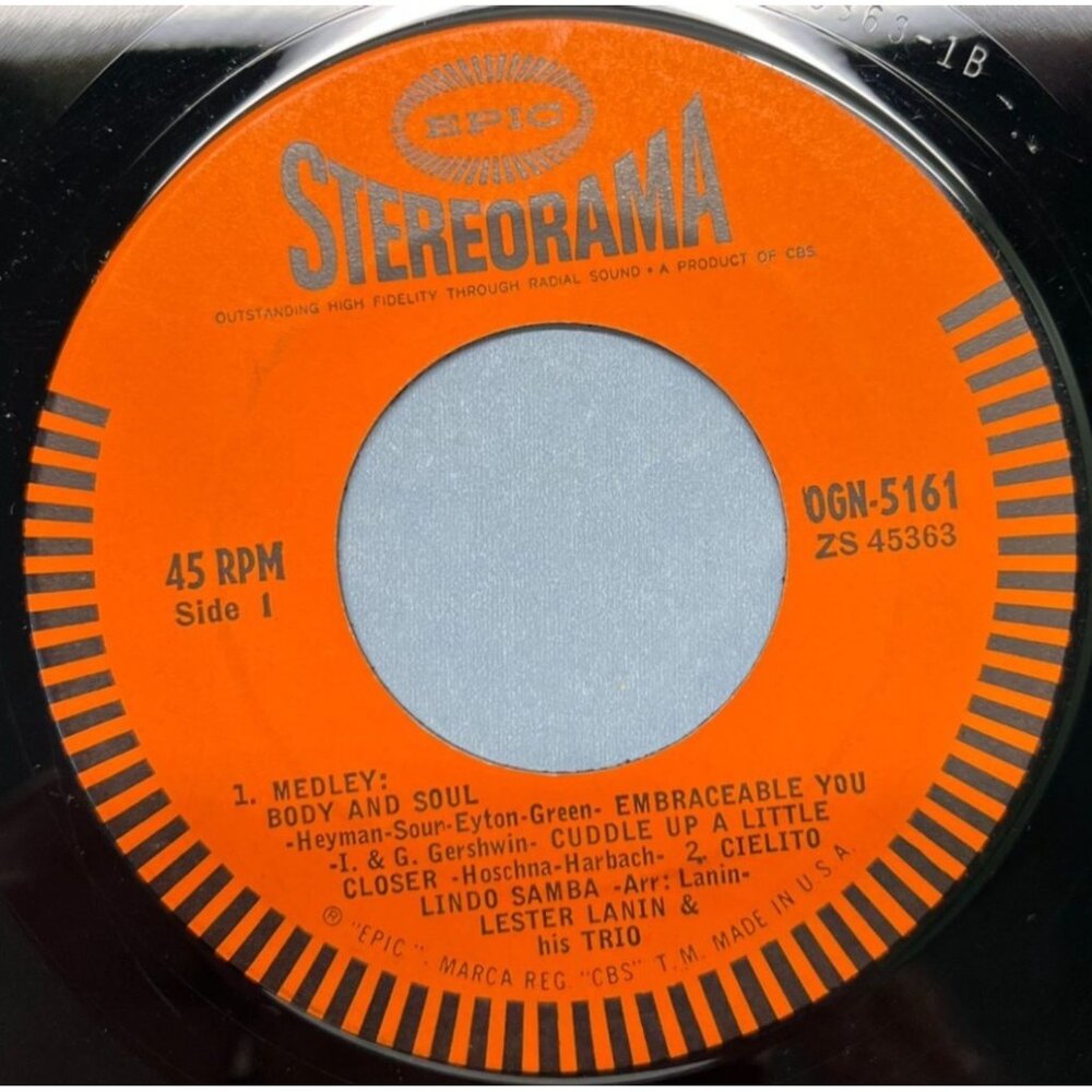 Lester Lanin Trio 45 EP Medley Body and Soul / La Vie En Vinyl Epic 5161